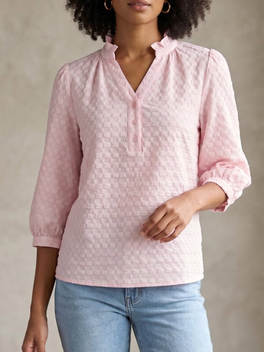NWT | EGOCKAL Light Pink Checkered Textured Blouse | Balloon Sleeve | M